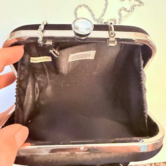 Charming Charlie Black Satin Clutch Purse Rhinestone Evening Bag Hard Case Ruffl - Picture 7 of 15